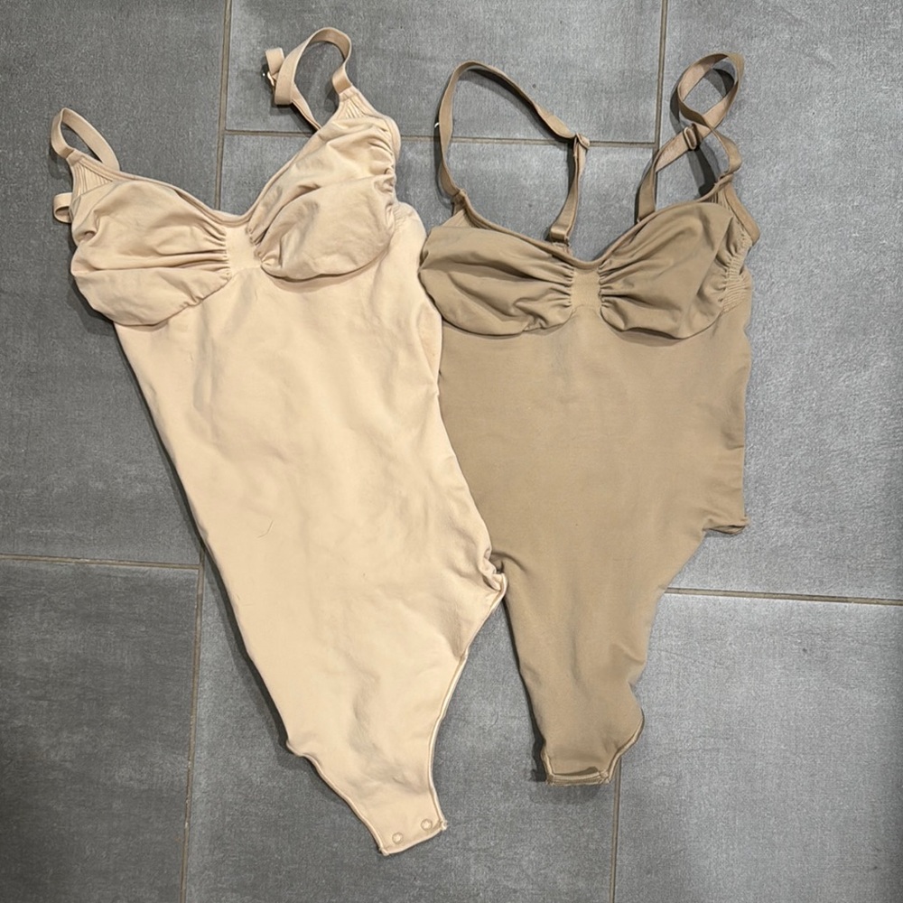 SKIMS Cream and Tan Shapewear Bodysuit with Adjustable Straps